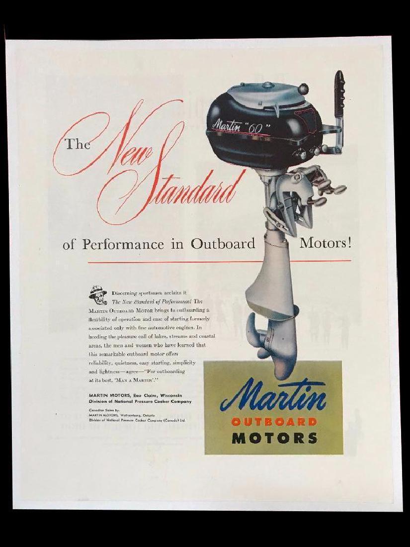 c1940's Martin Outboard Boat Motors Magazine: Original 1940's magazine advertisement for Martin Outboard Motors. Features the Martin "60" boat motor. 10 1/2" X 13" mounted on archival linen canvas for preservation.