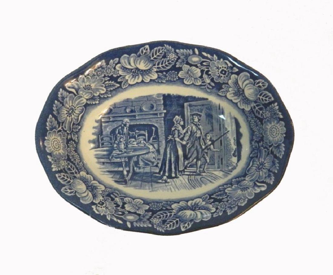 Liberty Blue Staffordshire Ironstone Bowl: Vintage Liberty Blue Staffordshire ( Minute Men ) 9" vegetable serving bowl. Correct Stampings. Made in England. * tiny knick to outer side.