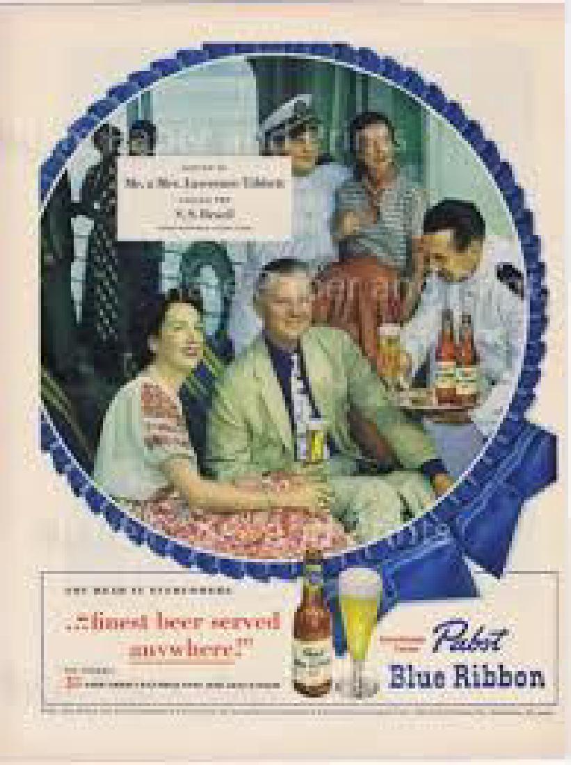 1949 Pabst Blue Ribbon Beer, S.s. Brazil, Ad: Original 1949 Pabst Blue Ribbon beer advertisement, features a photo of Mr. & Mrs. Lawrence Tibbett ( opera singer , actor, radio personality of the day ) aboard the S.S. Brazil, enjoying glasses 
