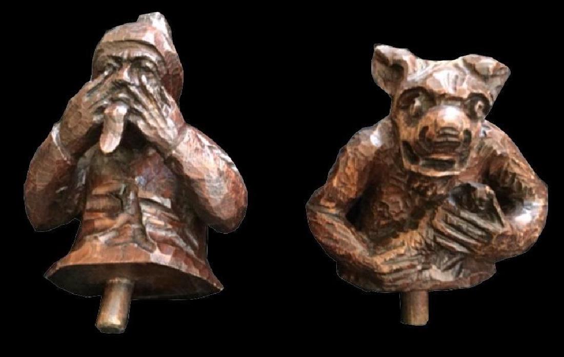 19thc Carved Oak Black Forest Comical Fragments: 19th century German hand-carved oak black forest comical figures/ fragments ( bear or wolf with large eyes & a gnome sticking out his tongue ) from the top of a wardrobe or clock. Bear/ wolf is 5"