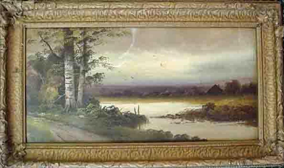 19thc American Landscape Painting: Oil on board rural landscape scene, Sunset Lake with Birch Tree. Oil on Board in original 3" carved gesso frame. 27 1/2" X 13".