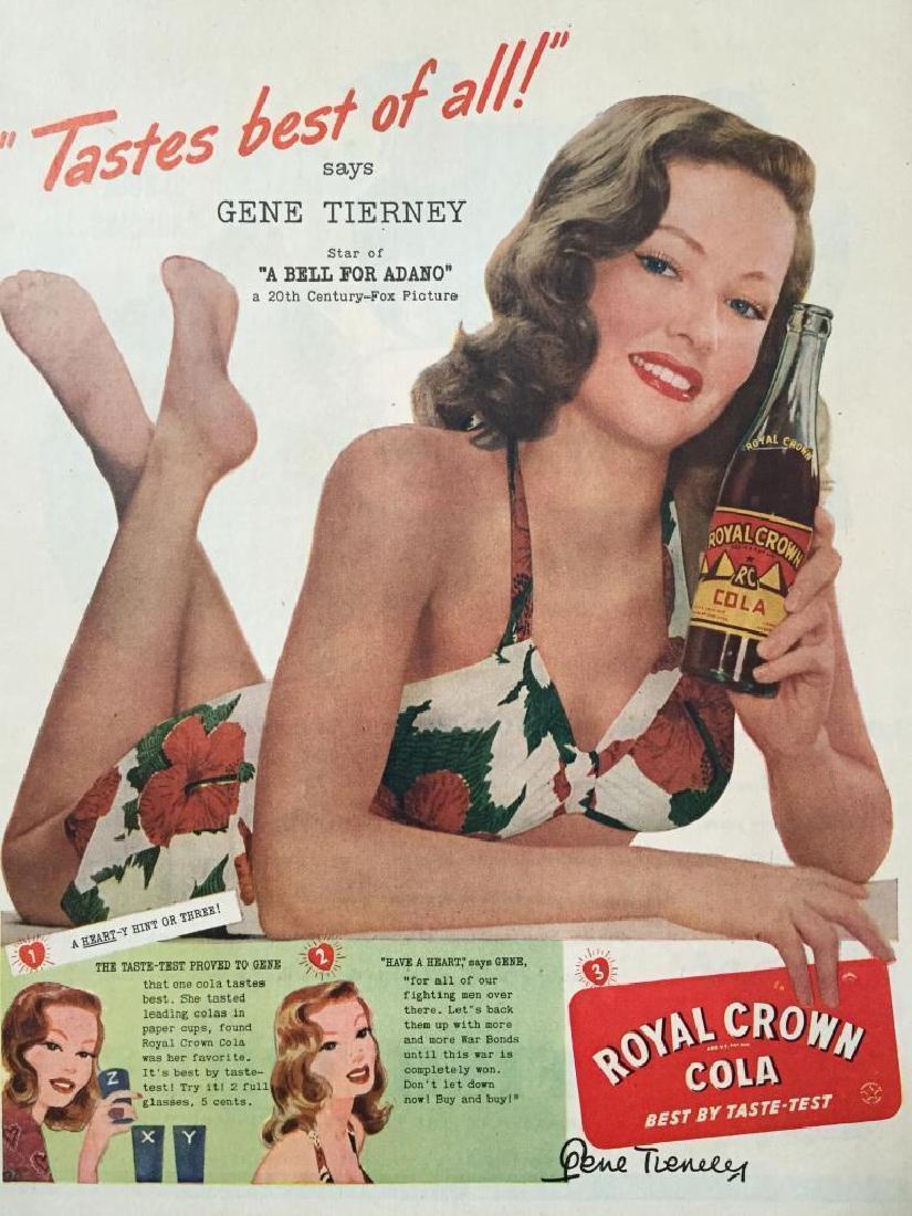 1945 Royal Crown RC Cola Gene Tierney Ad: Original 1945 magazine advertisement for Royal Crown Cola featuring WWII era actress Gene Tierney. 10 1/2" X 13 1/2" mounted on archival linen canvas for preservation.