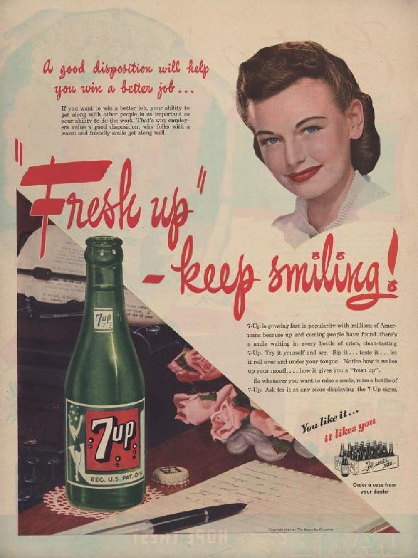 1945 7up Keep Smiling Employment Ad: 1945 magazine advertisement by the Seven-Up Company for 7up cola. Features a smiling lady with a slogan that reads, " A good disposition will help you win a better job..." "Fresh Up - keep smiling!" 1