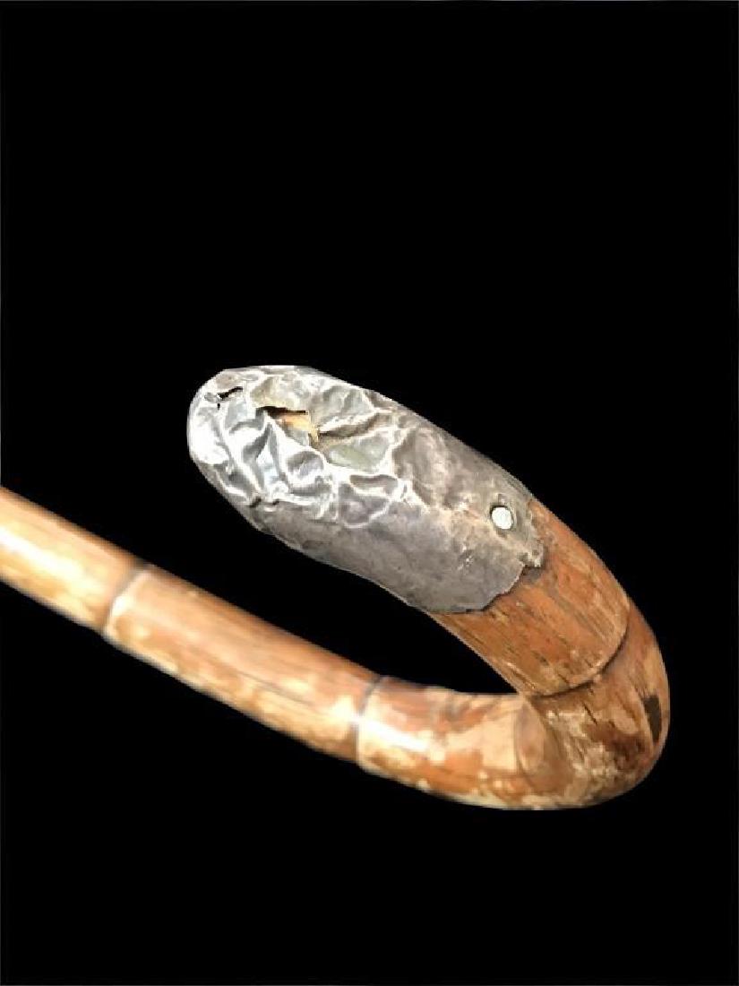Early 19thc Edwardian Silver Mounted Cane Stick: Early 19th Century English Edwardian silver mounted simulated cane walking stick with crook handle ( Birmingham 1909 ). * silver handle tip is pitted & has cracking. 37" overall length.