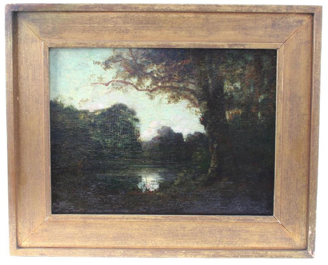 19thc Style Of Corot, Signed Landscape Painting: Style of Camille Corot, oil on board landscape painting depicting a tree beside a lake, by Julia Pairpoint Brainard Palmer, in an early 20th century arts & crafts 12" X 16" gold wood frame. * on the r