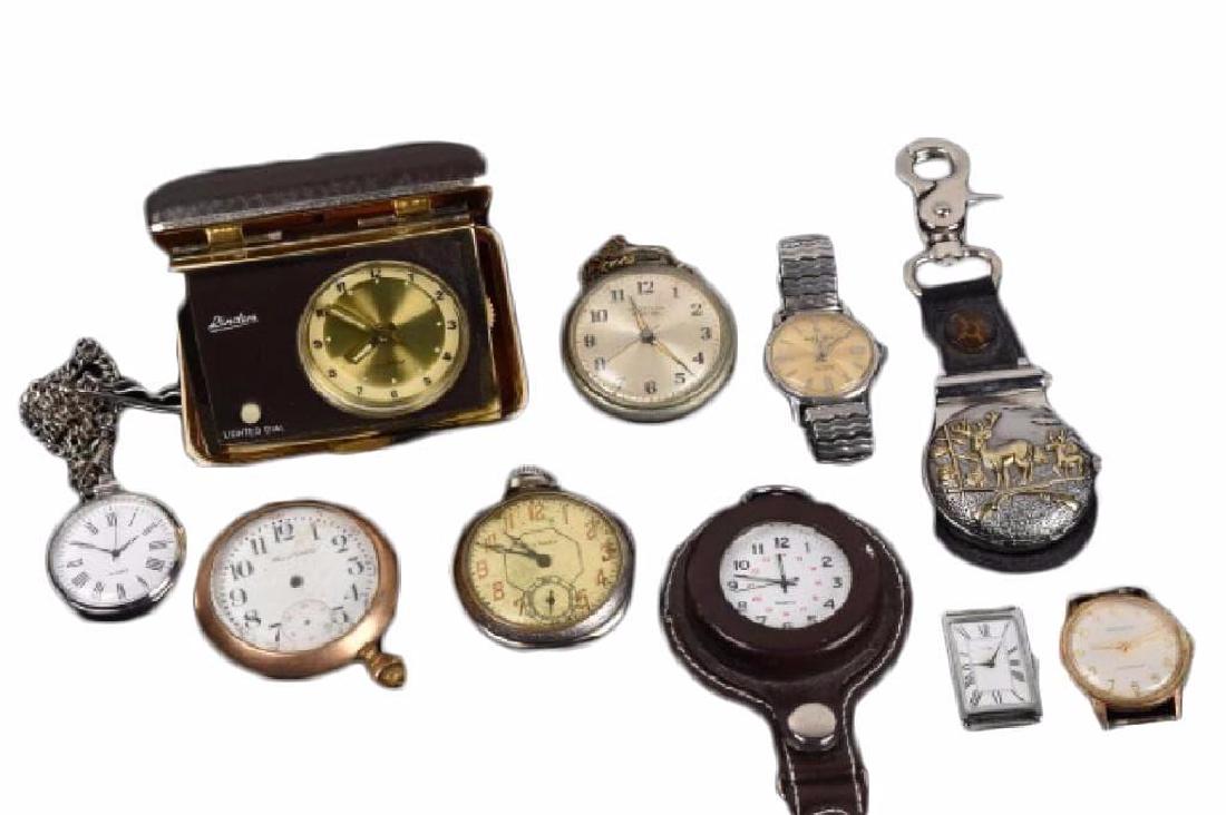 (10) Men's Pocket Watches/ Timepieces: Men's pocket watches and timepieces. New Haven, Illinois Watch Co. 20 yrs. service (time mech. missing), Westclox Pocket Ben, Japan movement key chain compass timepiece with embossed deers, Caravelle 