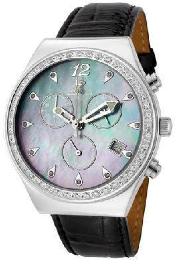 Lucien Piccard MOP & Sapphire Crystal Chrono Watch: Lucien Piccard Radiance Chrono Swiss wristwatch. Water resistant stainless steel case to 3 atm, sapphire coated Swarovski crystal. Mother of pearl dial with arabic numeral at 12. Push/ pull crown. 60