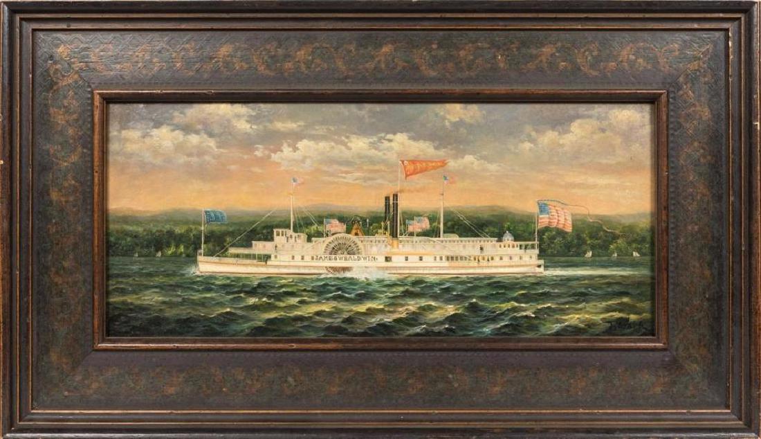 Oil On Board - "james W. Baldwin" - Signed J Clark: Description - An oil on board 'Paddle Boat', signed J Clark. Dimensions - Frame - 13.5" x 23.5" Sight - 7.5" x 17.5" CONDITION Overall good.
