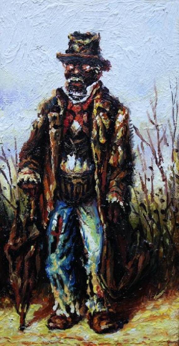 Student of W.A. Walker, Sharecropper Oil Painting: Student of William Aiken Walker ( American, 1839 - 1921 ) sharecropper man, ex slave, with umbrella & carpet bag. Oil on wooden panel painting. 3" X 6".