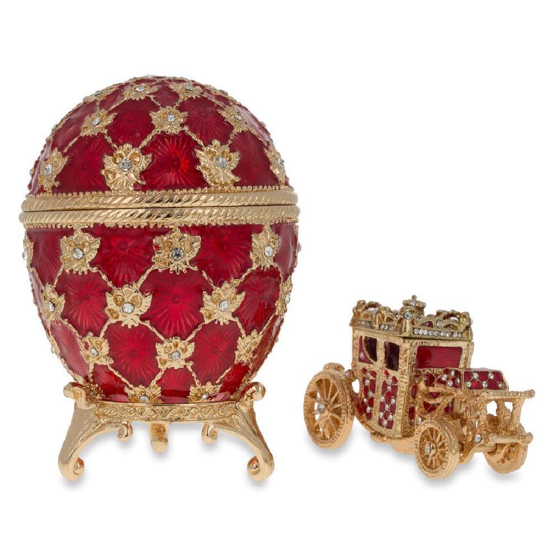 1897 Coronation Faberge Egg 3.8": 1897 Coronation Faberge Egg 3.8"3.5 Inches Tall x 2.5 Inches Diameter 9 cm Tall x 6.5 cm Diameter The Royal Coach is 2.6 Inches Long Pewter,Enamel, Crystals Hand Painted Gift Boxed This sparkling egg 