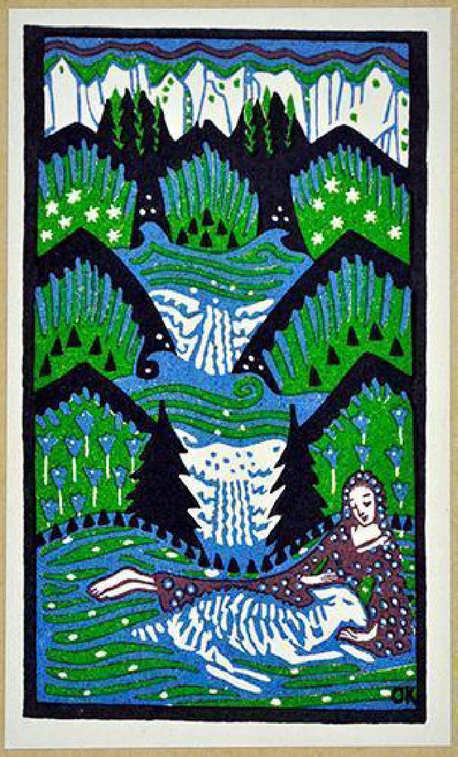 Oskar Kokoschka Vintage Limited Lithograph Postcard: This Lithograph Postcard by the artist Oskar Kokoschka (1886-1980) came from the suite "Wiener Werkstatte" published by Cosmopress in an edition of 1000 printed in Germany, 1976. The use of bright col