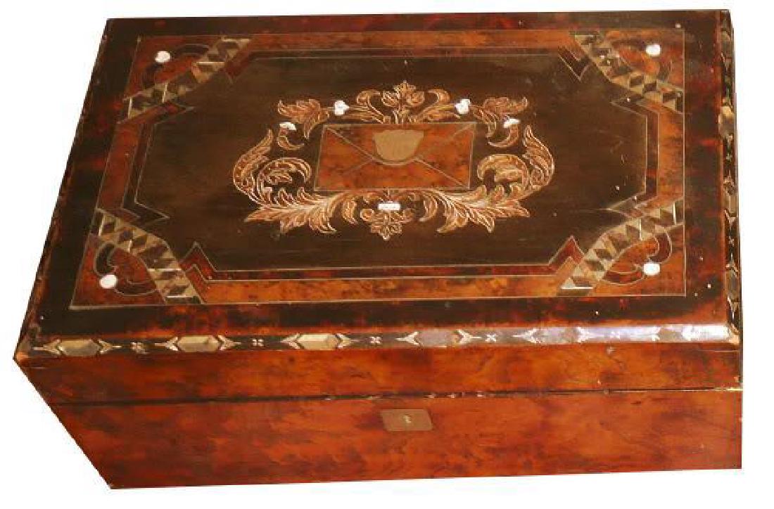 19thc Victorian Decorative Letter Box: Very rare. Mahogany, walnut & pecan wood, with ornate mother of pearl, abalone & silver inlaid decoration on the Lid. Inscribed on the lid with the name "Lill May". 15" X 10" X 3 1/4" H.