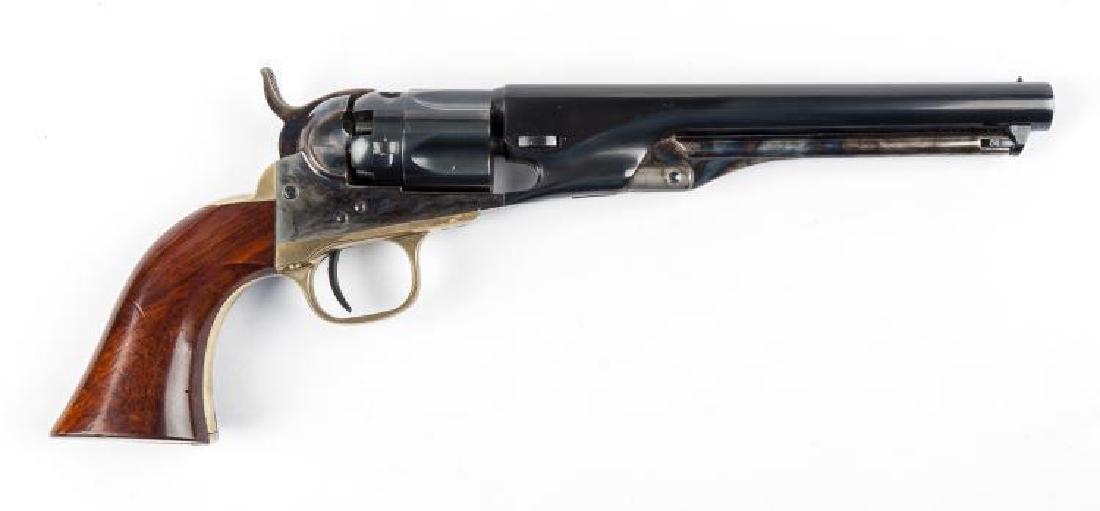 Uberti Colt Model 1860 Black Powder Rev - .36 Cal: SERIAL NUMBER: 33485 DESIGN: Single action black powder revolver. 6-1/2" barrel. .36 caliber. MATERIAL/FINISH COMPOSITION: Blued steel. Brass frame. Walnut grips. FEATURES: Numbers match. CONDITION: E