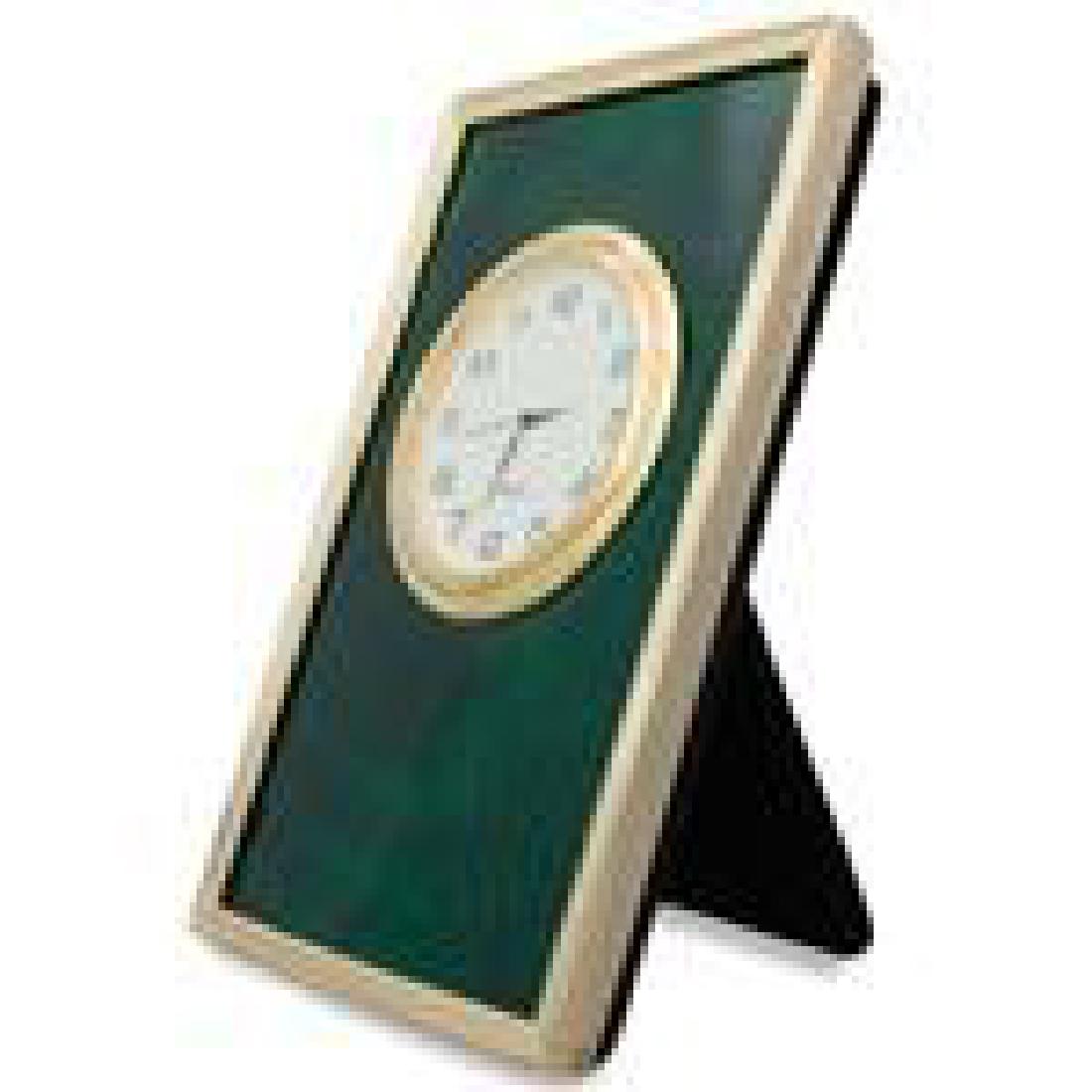 5" Faberge Green Enameled Guilloche Rectangle Russian: 5" Faberge Green Enameled Guilloche Rectangle Russian Antique Style Clock Guilloche enameling is a time-intensive technique in which polychrome enamel is layered over circular, straight, or wave patte