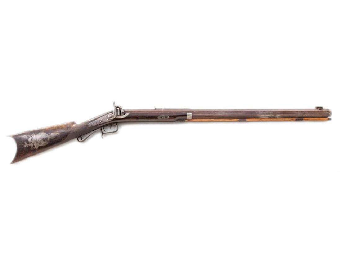 1850s Percussion Target Rifle: 1850s Percussion Target Rifle, by Ebenezer Dewey, Amber, NY, NVSN, approx. .40 cal., 29'' octagon barrel, plum finish, German silver decorative motifs, pewter for-end cap, double set triggers, globe t