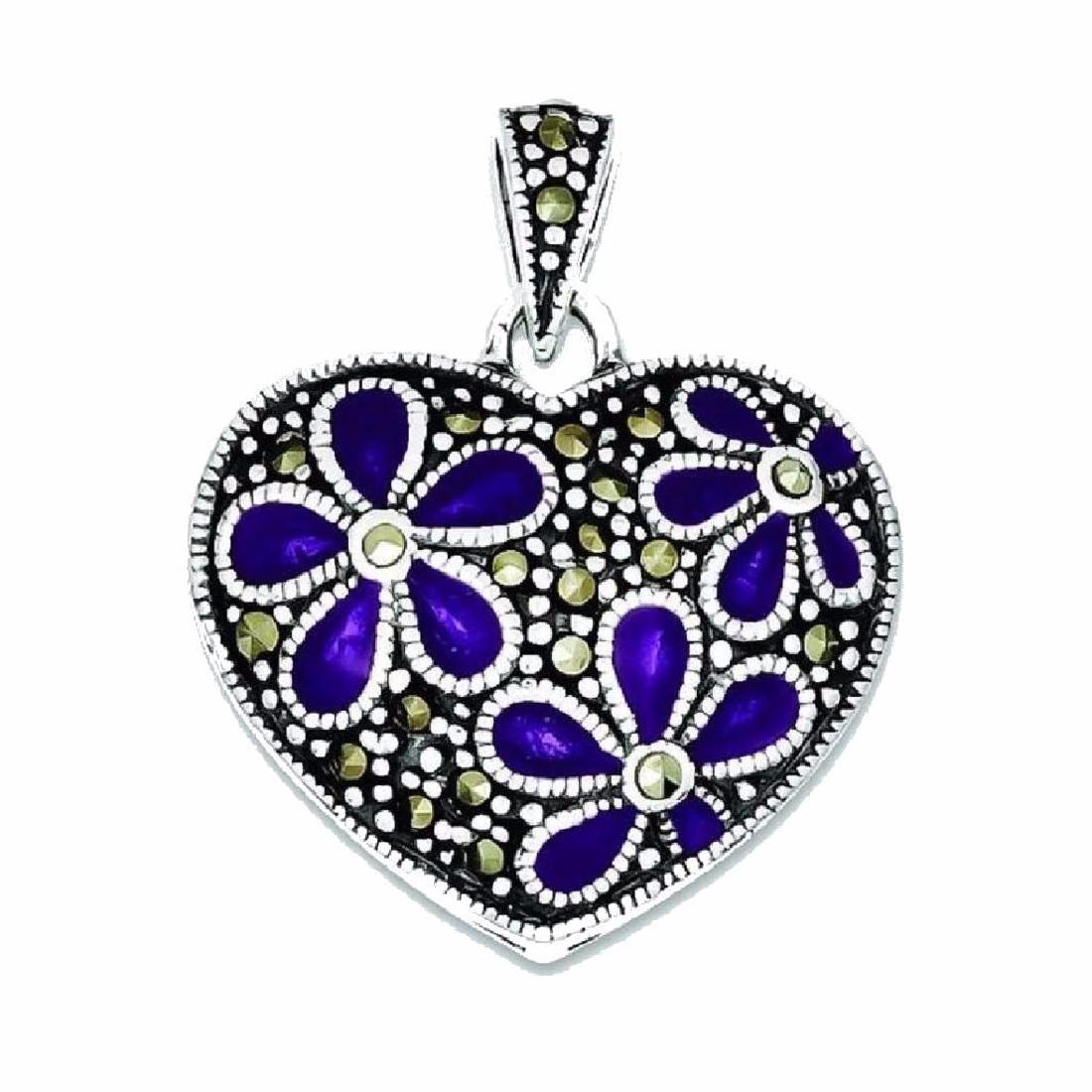 Sterling Silver Marcasite Enameled Heart Pendant: Sterling silver ( stamped .925) marcasite purple enameled heart pendant, with modern-style daisy flowers. Enamel colors change depending on light. 1".