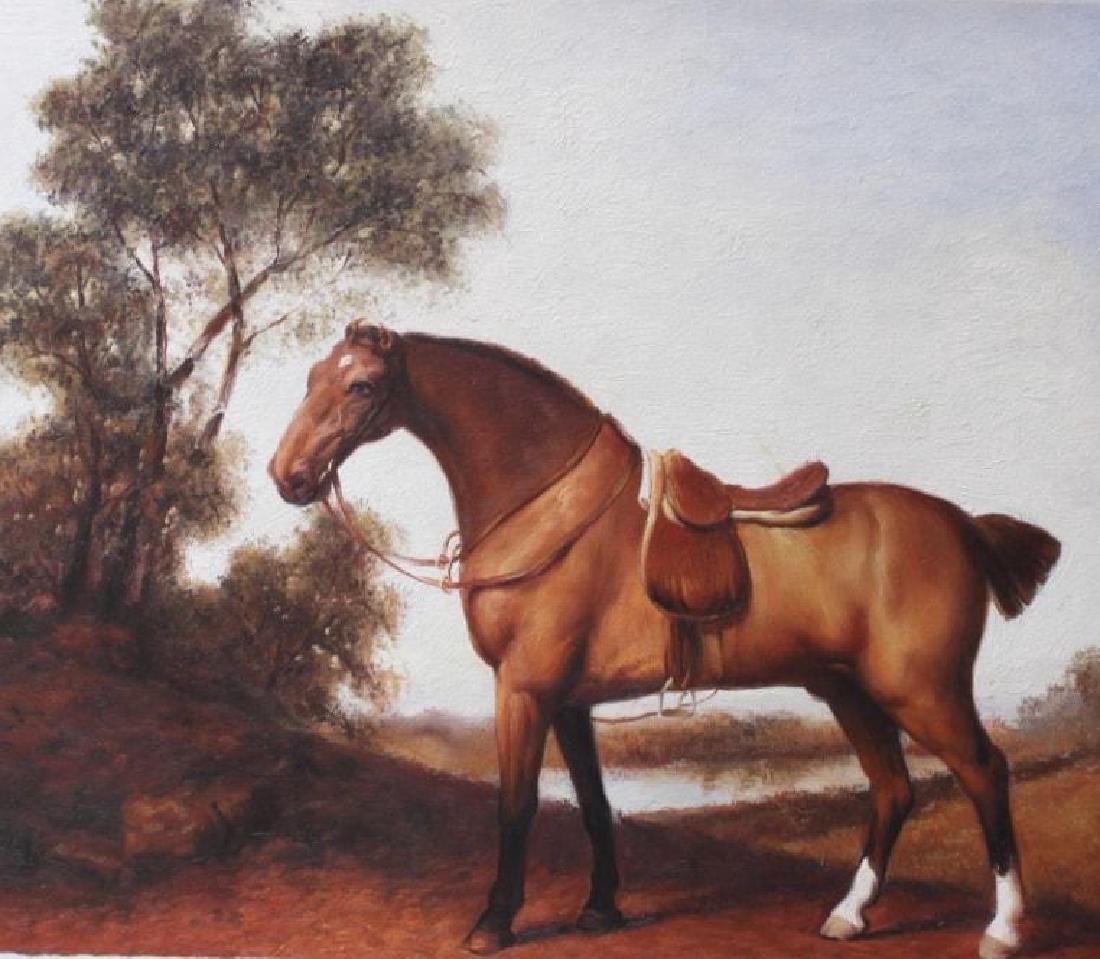 After Stubbs, British Sporting, Oil Painting (masterful: After George Stubbs ( British 1724- 1806 ) oil on canvas painting of a thoroughbred in the English countryside. Signed on the reverse - r. bianco. 20" x 24". For addional information on the artist vis