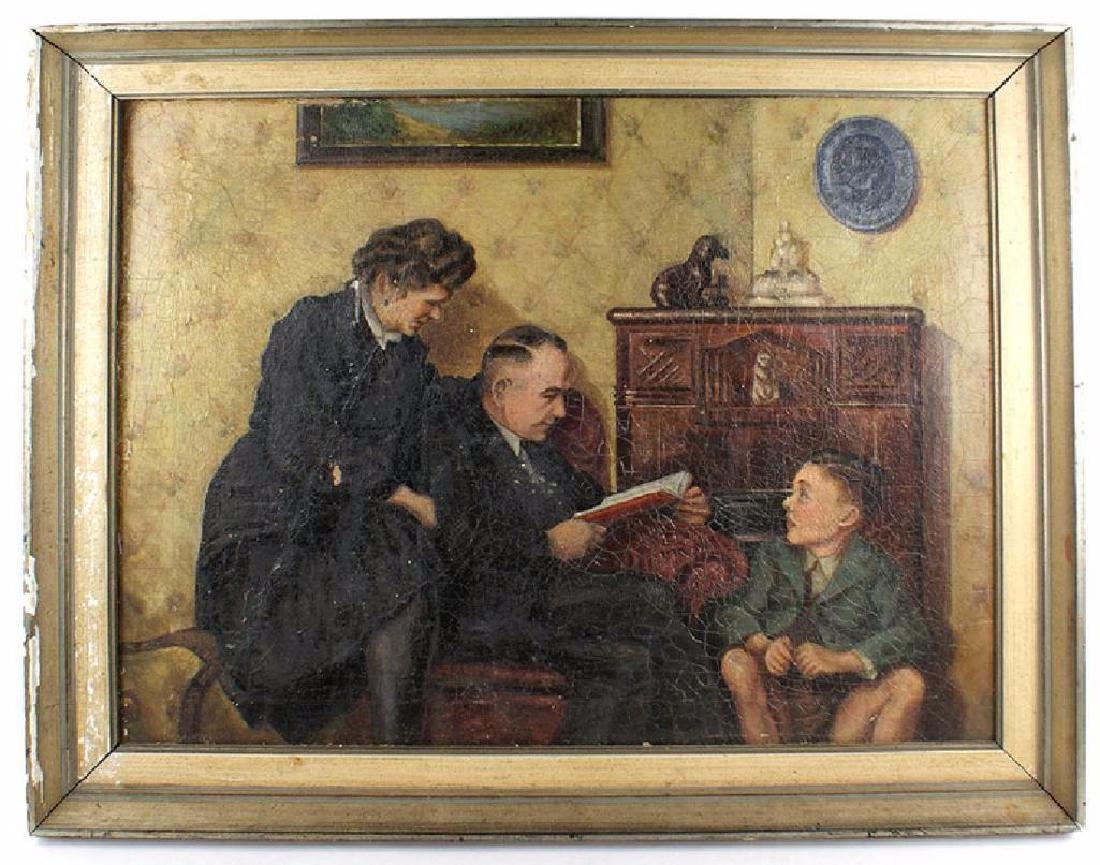 German WWII propaganda oil painting family: G-038 Third-Reich propaganda oil on canvas depicting a wholesome German family. A mother approvingly looks over her husband's shoulder while he is reading to their attentive son. Artist signed "Willi 