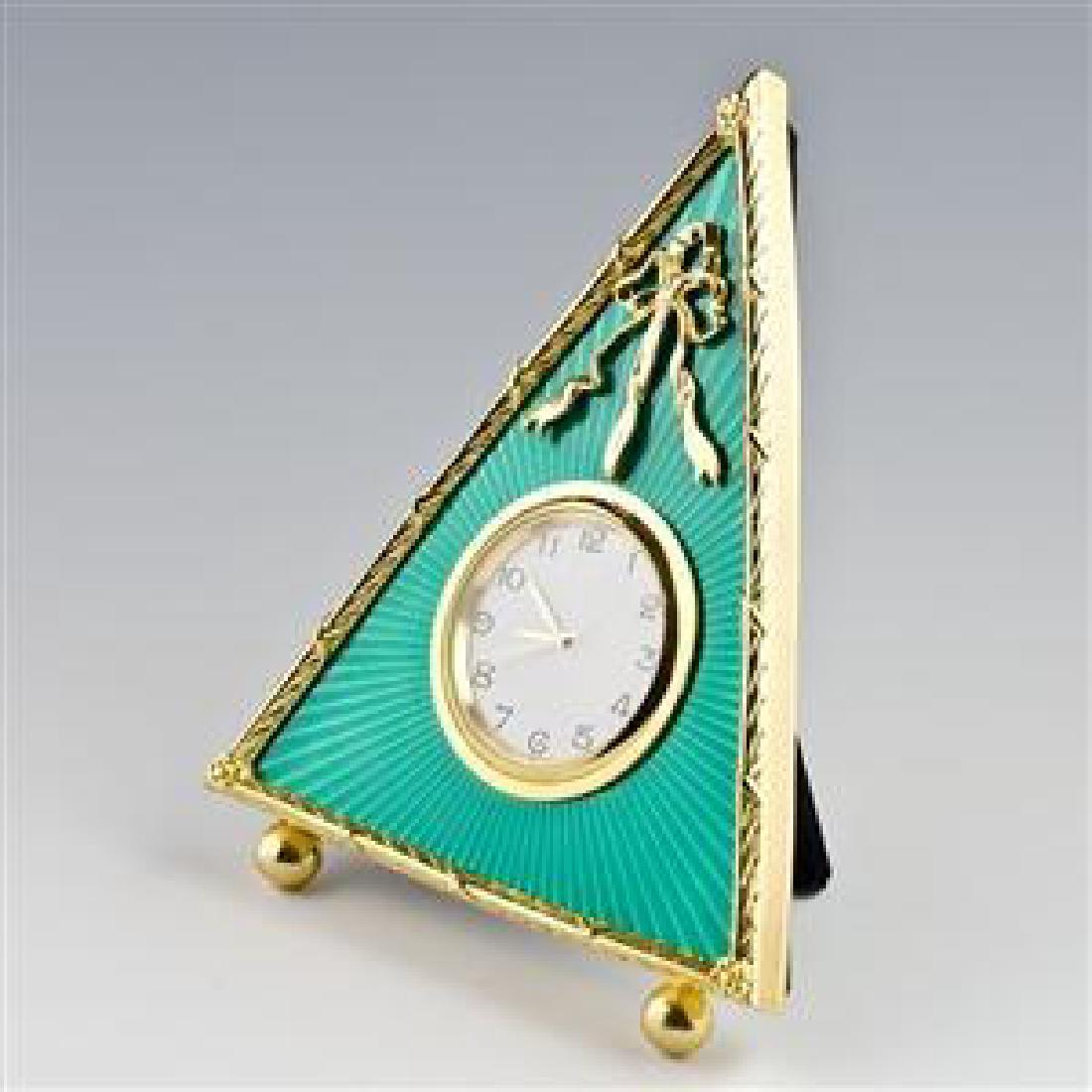 5" Green Triangle Enameled Guilloche Russian Antique: 5" Green Triangle Enameled Guilloche Russian Antique Style Faberge Clock Features:5'' (H)Pewter, Enamel, Crystals Hand Painted Gift Boxed The photo frame is in two color gold-mounted green enamel surr
