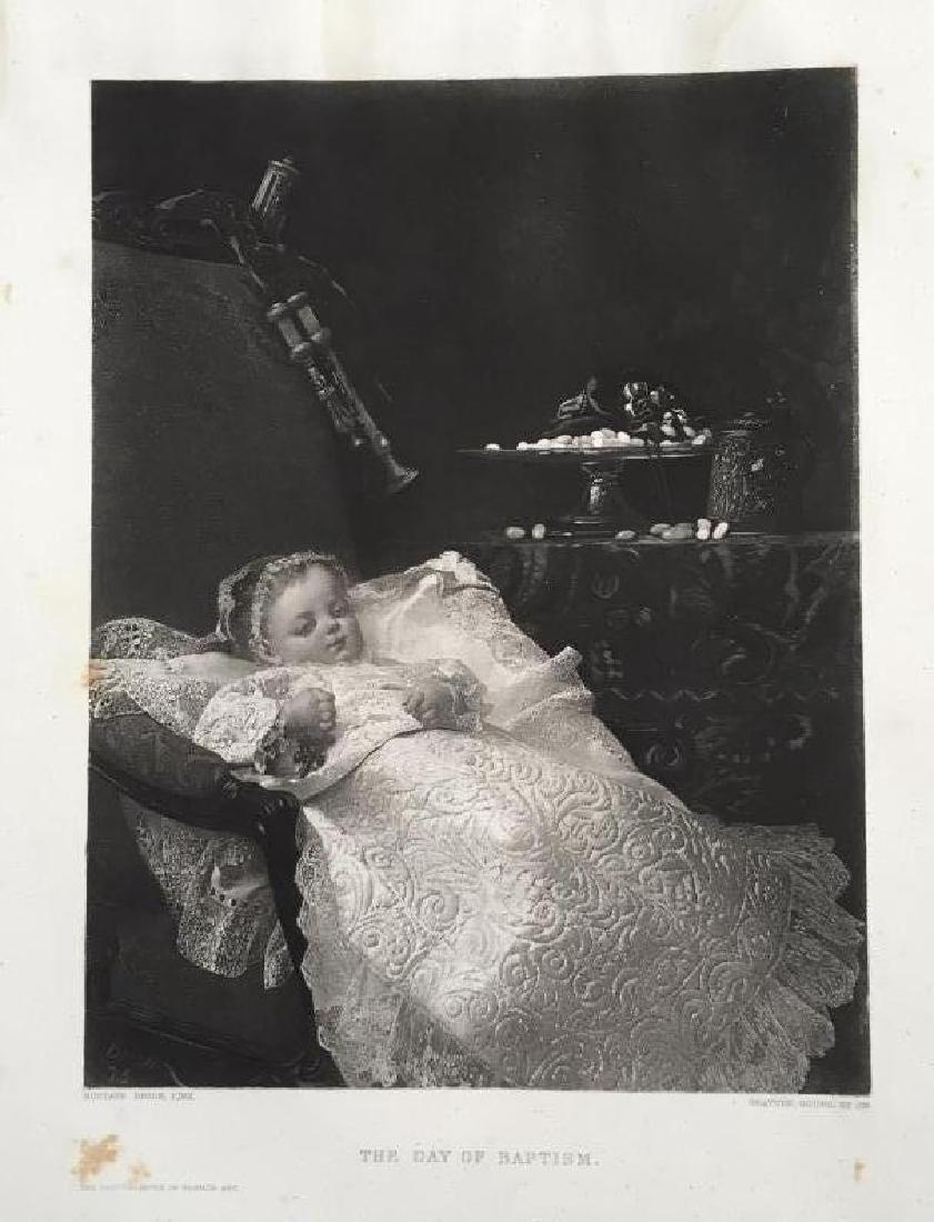 1880's Photogravure Print, The Day of Baptism: Beautiful & rich original 1883 photogravure print from the 1875 painting by Gustave Brion. A Victorian Nursery with a sleepy baby propped on a lacy pillow. The print by Goupil & Co. Gravure, Paris. Fr