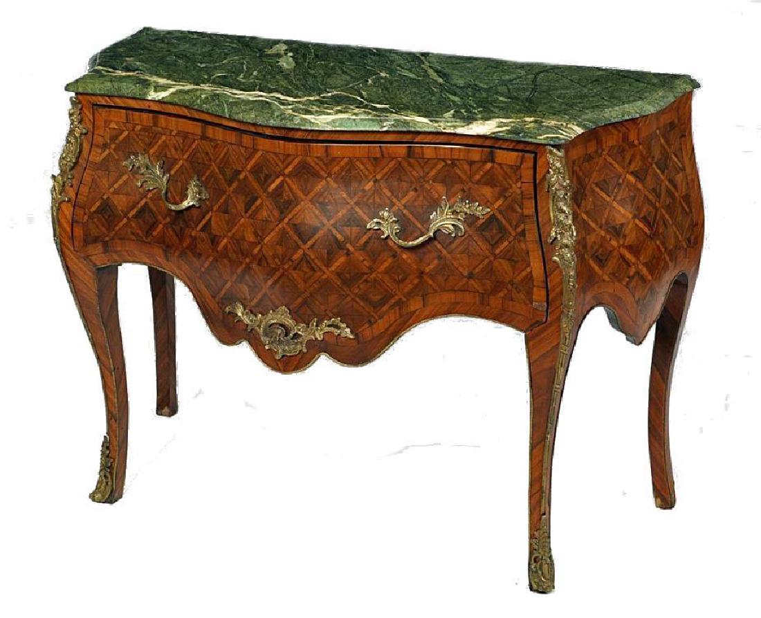 EXCEPTIONAL MARBLE TOP PARQUETRY INLAID BOMBE COMMODE: EXQUISITE, VINTAGE, FRENCH MARBLE TOP PARQUETRY INLAID BOMBE COMMODE: Variegated green shaped marble top, diamond pattern parquetry inlaid bombe case with single deep drawer, gold decorated cast 