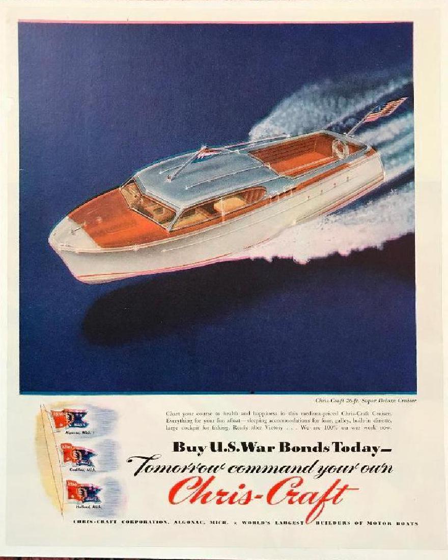 1940's WWII Era Chris-Craft Boat Magazine Ad: Original 1940's, World War II era magazine advertisement for Chris-Craft boats, featuring the Chris-Craft 26 ft Super Deluxe Cruiser. Ad urges to Buy U.S. War Bonds. 10" X 13" mounted on archival