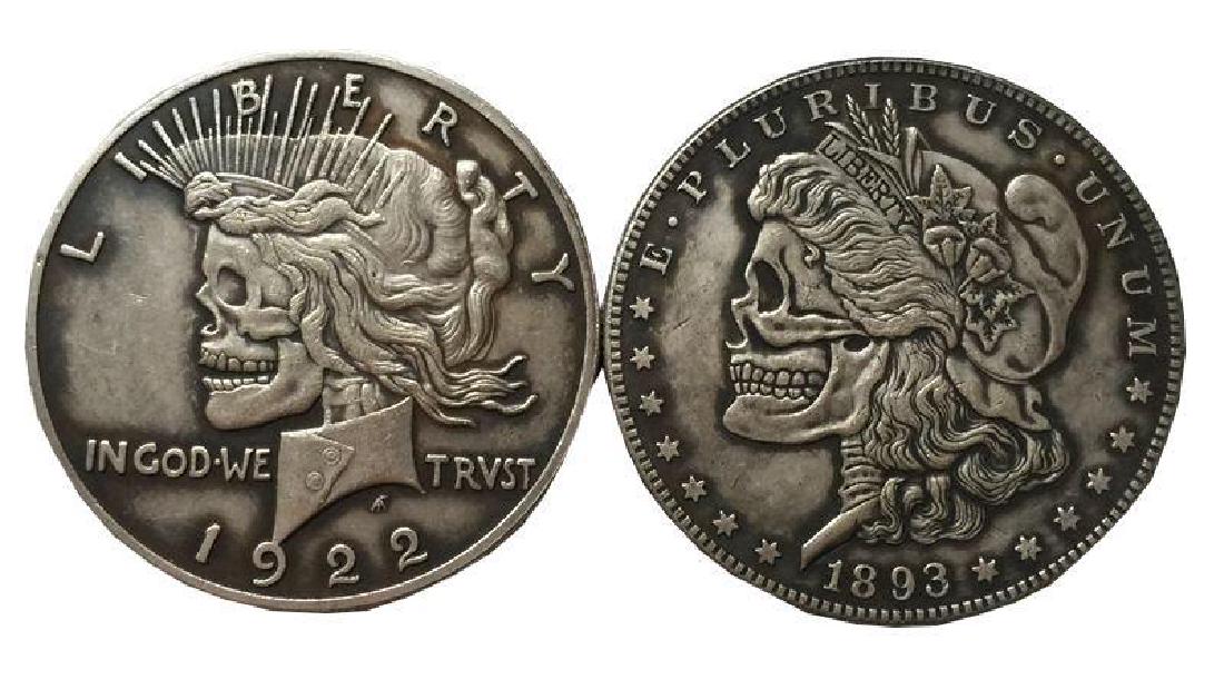 Rare Double Hobo Skull Style Coin 1922-1893 Silver Clad: This Two Faced Coin Has Two Beautiful Hobo Style Dollar Faces. One side has an 1893 Morgan Hobo Skull the other side has a 1922 Peace Hobo Skull. - 9135-020118-EB-36845