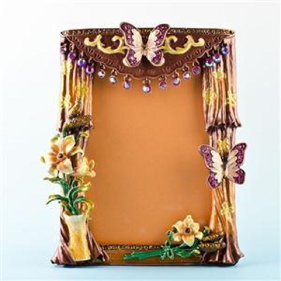 Faberge Inspired 5.5" X 4.5" Curtains With Butterfly: 5.5" x 4.5" Curtains with Butterfly and Flowers Russian Antique Style Faberge Picture Frame Features: Dimensions: 5.5'' (H) x 4.5'' (W) Pewter, Enamel, Crystals Gift Boxed