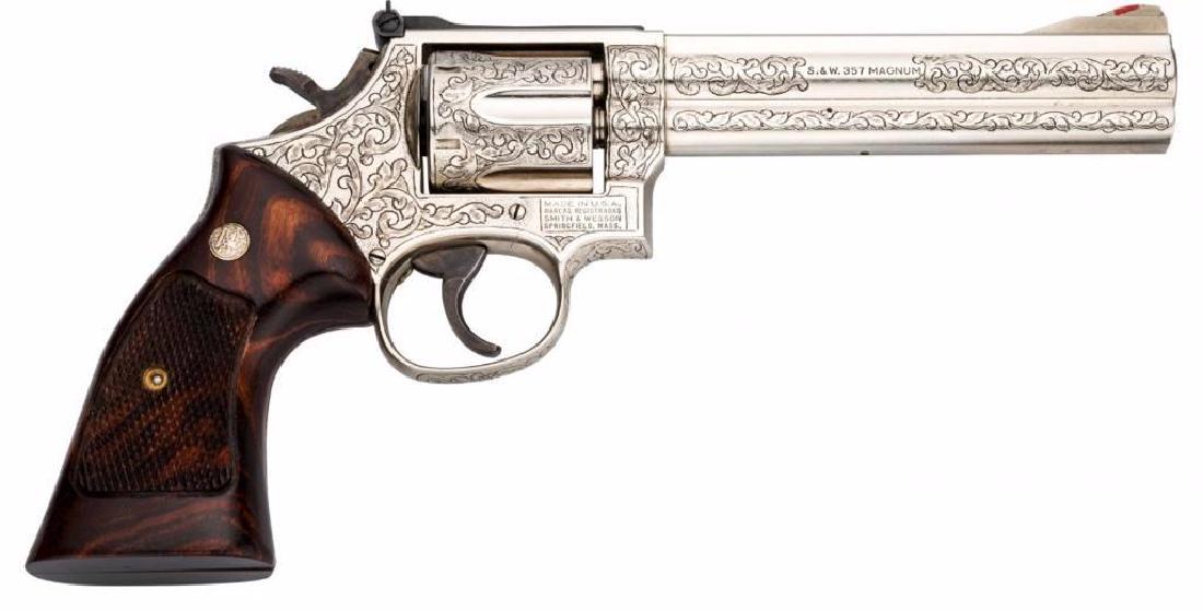 Engraved Smith & Wesson Model 586 Double Action: Engraved Smith & Wesson Model 586 Double Action Revolver. Serial no. ACK1273, .357 Magnum caliber, 6-inch barrel with fixed front sight and micrometer adjust rear sight. Nickel-plated finish. Case