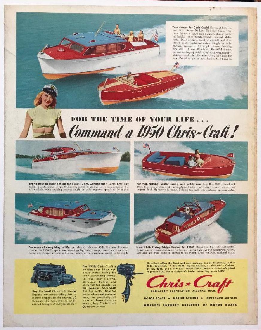 1950 Chris Craft Marine Boats Magazine Advertisement: Original 1950 magazine ad for Chris Craft boats, featuring the 32 ft. Super De Luxe Cruiser, 20 ft Riviera Runabout, 34 ft Commander, 18 ft Sportsman, 33 ft De Luxe Cruiser & the 41