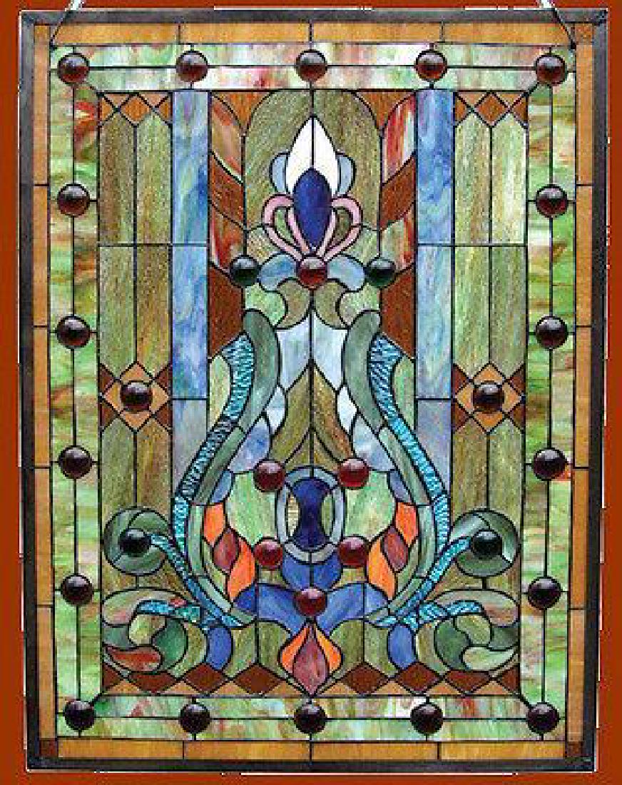 Handcrafted Stained Glass & Cabochons Victorian Design: Hand-crafted Tiffany style Victorian design stained cut glass window panel. Handcrafted with 280 pieces of cut stained glass and 30 Cabochon Jewels. Each piece is copper wire wrapped by hand individua
