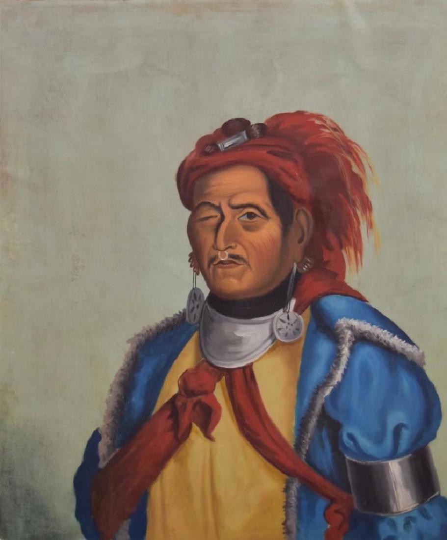 George Catlin; 19thC. American Oil - Indian: Oil on canvas(mounted on masonite). Portrait of an Indian Chief after George Catlin. Original label affixed to the backing. Originally purchased at the chicago World's Fair, 1892; 30in. X 25in.