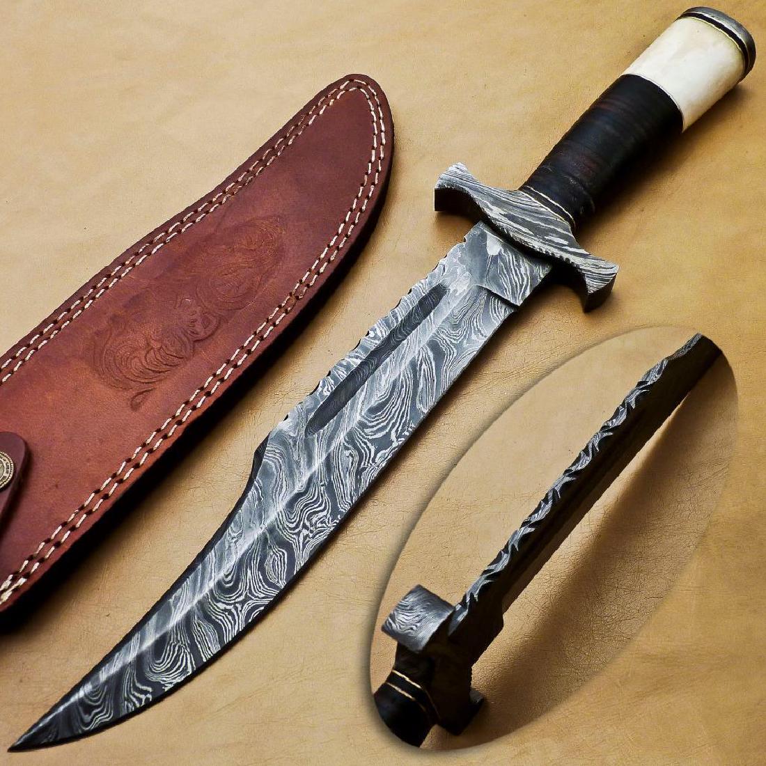 Custom Hand Made Damascus Bowie Hunting Knife: CUSTOM HAND MADE DAMASCUS STEEL HUNTING BOWIE KNIFE HANDLE CAMEL BONE AND WOOD These unique superb design HUNTING BOWIE KNIFE are fully HAND MADE KNIFE are a piece of Craftsmanship and Exotic material