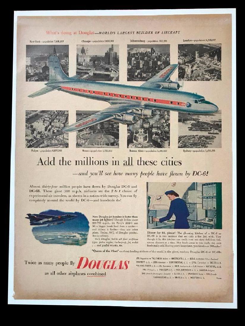 1953 Douglas Aircraft: Original 1953 magazine advertisement for Douglas aircraft, features their DC-6 & DC-6B airplanes. with flights to international cities. 10" X 13" mounted on archival linen canvas for preservation.