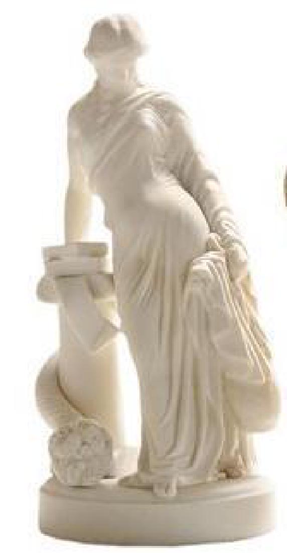 19thc Bisque Parian Goddess Statue: 19th Century parian ware figure of a goddess resting on a pedestal with books & cornucopia. 14 3/4" H. 7" D. * hairline cracks to resting arm.