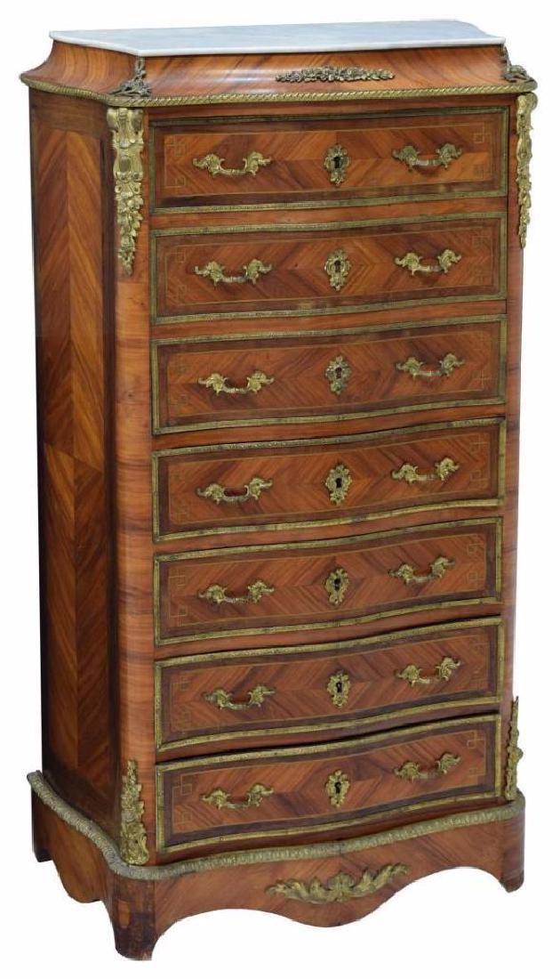 Napoleon Iii Period Diminutive Mahogany Secretary: Napoleon III period diminutive mahogany secretary, France, c. 1870, having ormolu mounts, marble top, over drop front, opening to three interior drawers and writing surface, all over four drawers, sha