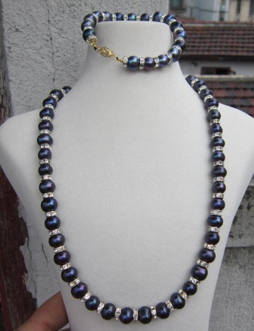 Tahitian Black Blue Pearl Necklace 18"+ Pearl Bracelet: Tahitian Black Blue Pearl Necklace 18"+ Pearl Bracelet 7.5-8"14kclasp - 9419-022318-EB-02138