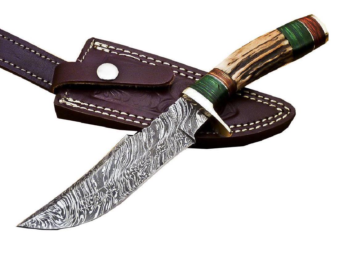 Rody Stan Custom Hand Forged Damascus Steel Hunting: Fantastic Custom Hand Made Damascus Steel Hunting Knife Designed & Handmade By Rody Stan Gorgeous Damascus Steel Blade Stag Antler With Wood Handle Hand Casted Brass Guard & But Cap Overall Is 9.75" L