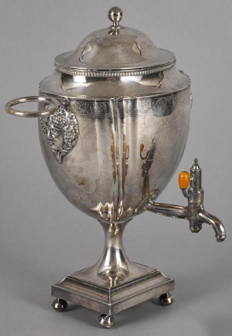 19thc English Sheffield Silver Plate Water Urn: 19th Century English Old Sheffield silver plate, single spout, water urn, with bone knob & carrying handles on each side. 13 1/4" H