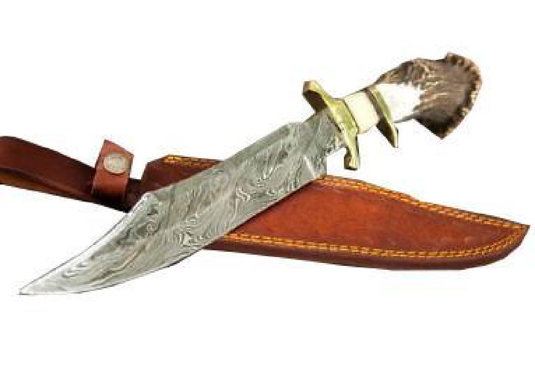 15" Inch Hand Made Damascus Steel Hunting Bowie Knife: 15" Inch CUSTOM HAND MADE DAMASCUS STEEL HUNTING BOWIE KNIFE DEER ANTLER HANDLE W/CASE Factory Second FACTORY SECOND KNIFE. When mixing damascus steel, sometimes the nickel steel cannot be mixed well,