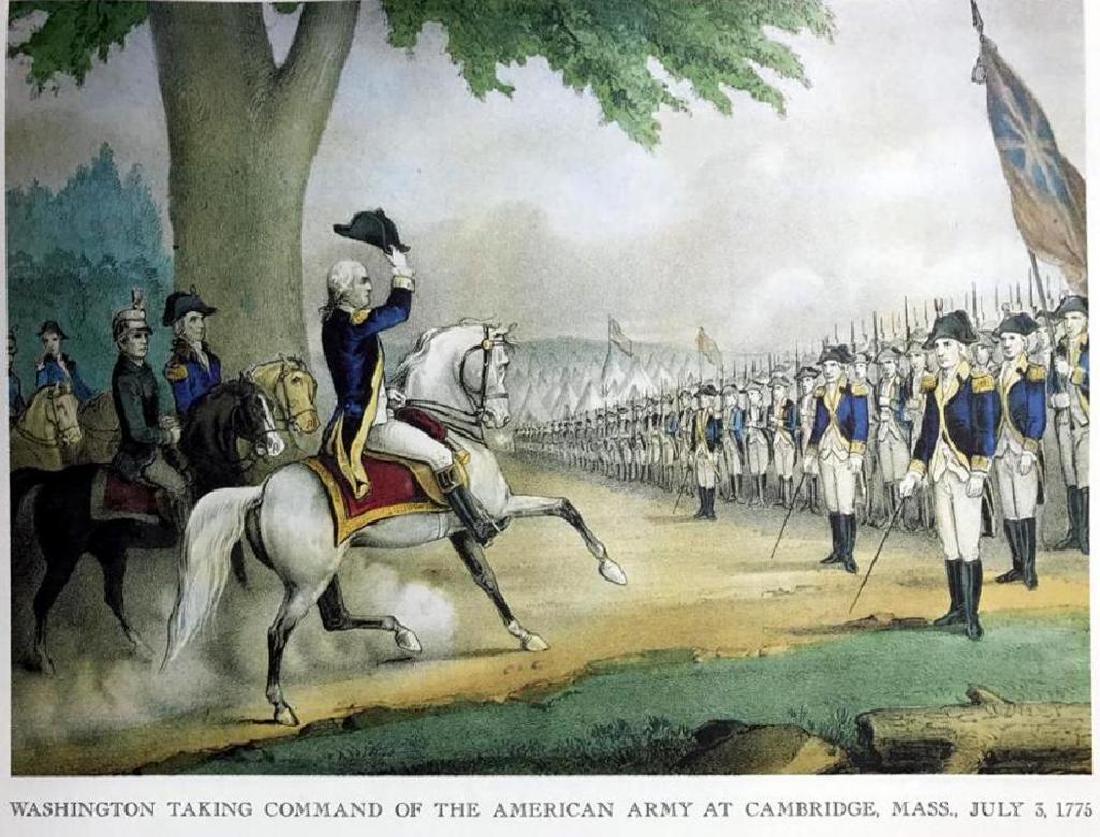 After Nathaniel Currier, Fine Art Modern: After Nathaniel Currier ( American, 1813 - 1888 ) Washington Taking Command Of The American Army at Cambridge, Mass., July 3, 1775. Modern created lithograph print. 8"x11" unframed. 9665-030318-LA-