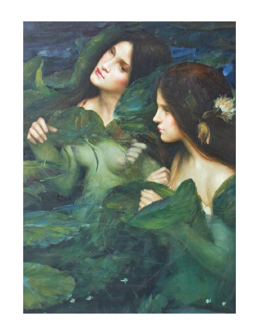 Student of Waterhouse, "Hylas and the Nymphs" OIl: 20thc oil on stretched canvas, study of the 1896 John William Waterhouse original "Hylas and the Nymphs", depicting a moment from the Greek & Roman legend of the tragic youth Hylas, based on accoun