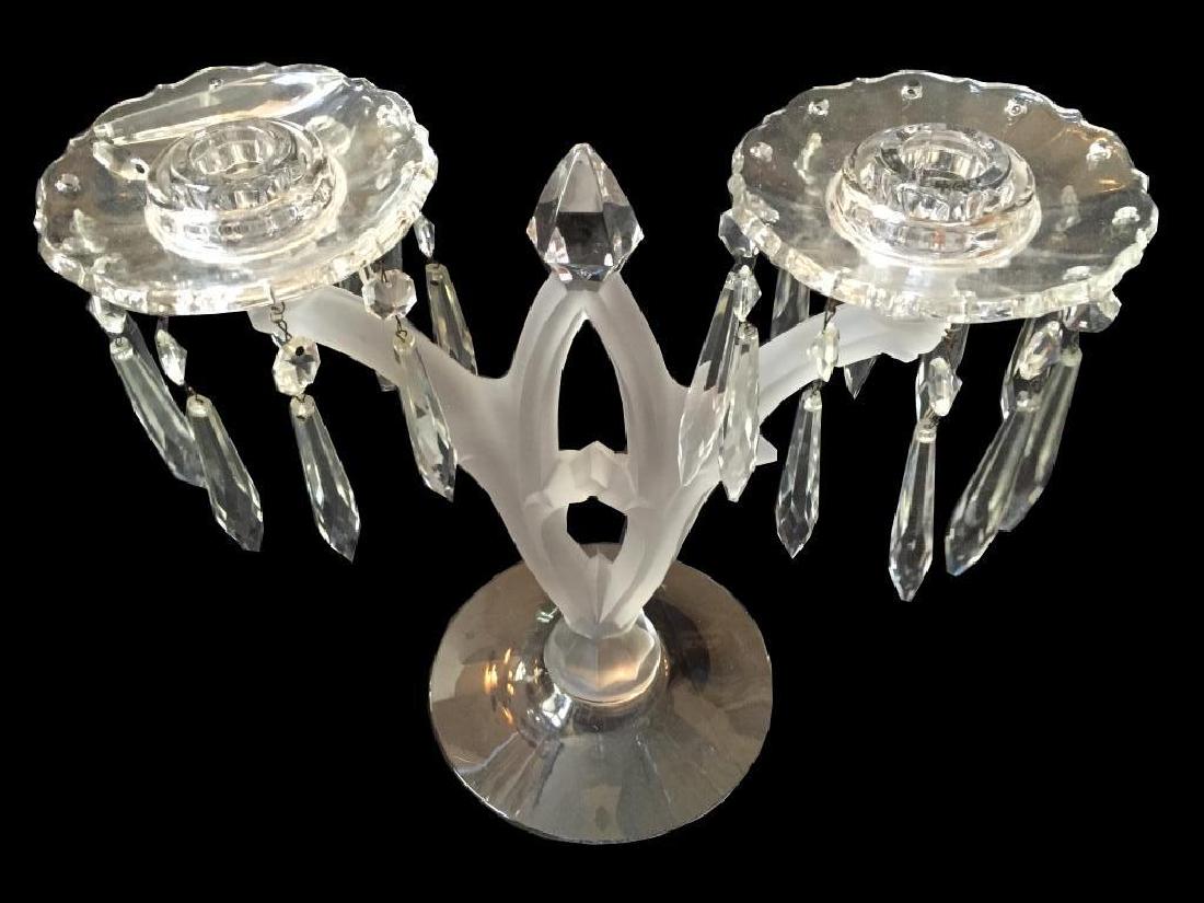 Rare 1930's Heisley Crystal Gothic Candelabra: Rare frosted crystal candlestick candelabra by Heisley Glass. Only made between 1932 - 1936. No 402 Gothic double socket clear frosted stem with colorless crystal bobeches. "A" prisms & removable drip
