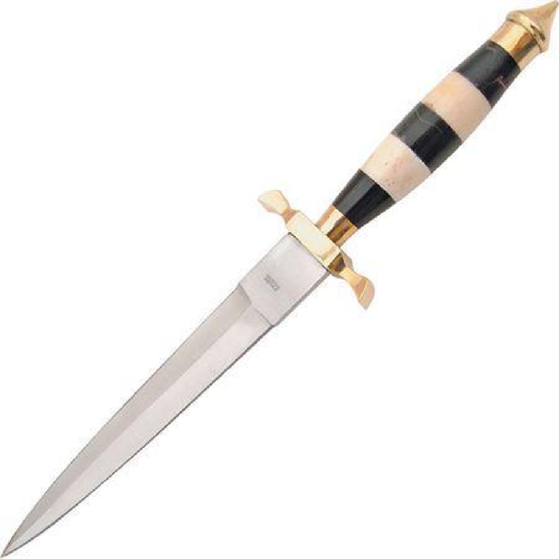 Commando Fixed Blade Knife: Weight: 0.5 Lbs Description Commando Knife. 13 1/8" Overall. 7 5/8" Stainless Double Edged Blade. Buffalo Horn And Camel Bone Handle With Brass Guard And Skull Crusher Pommel. Black Leather Belt Sheat