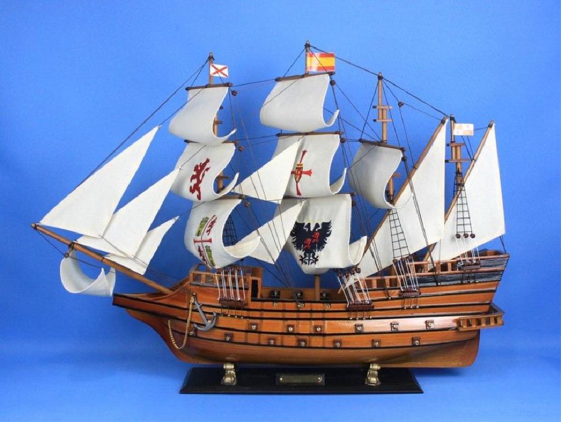 Wooden Spanish Galleon Model 34" Ship: Fully assembled fine tall ship model of a Spanish galleon. accurate scale model perfectly sized for a shelf of mantle. Handcrafted wooden hull & masts. 15 hand-sewn white sail cloths with embroidered