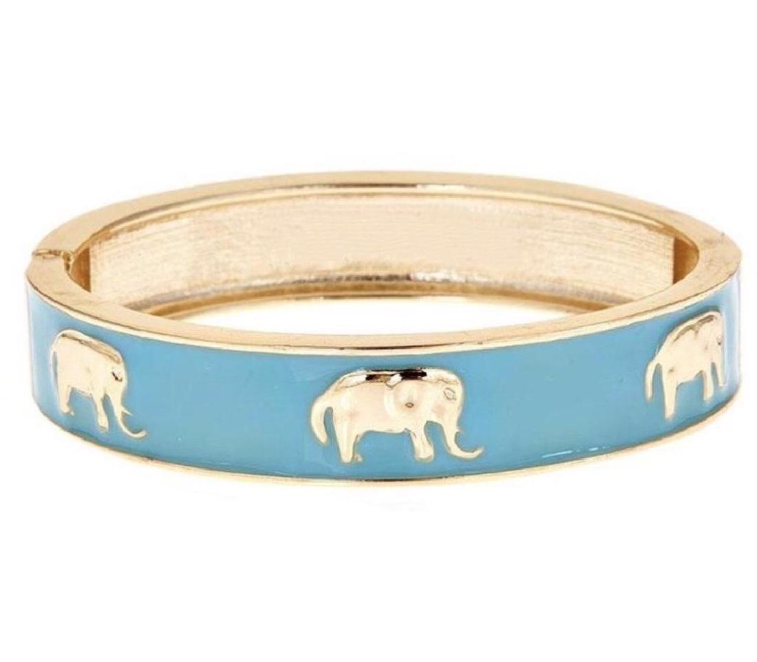 Enamel Elephant Hinged Bangle Bracelet: Lilly Pulitzer-style turquoise enamel over gilt metal hinged bangle bracelet. 2 3/4" outside D, 2" inside D.