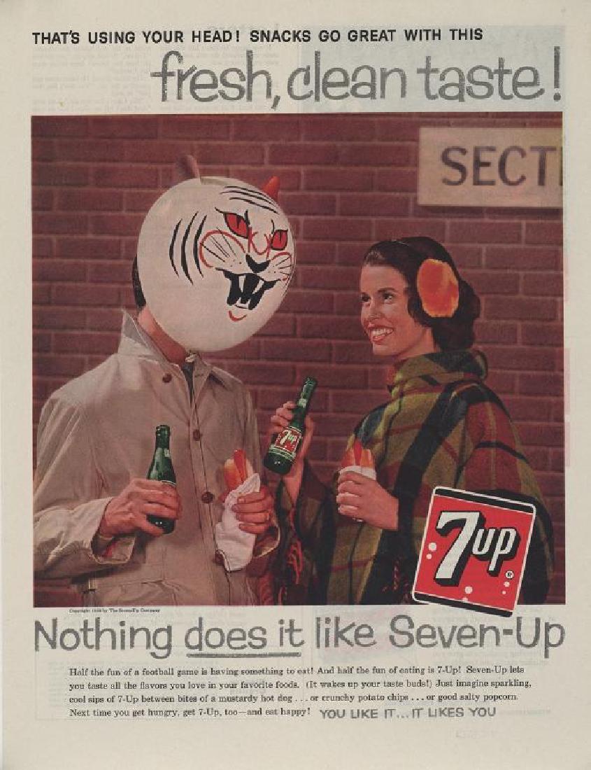 1959 7-Up Soft Drink, Game Day Magazine Ad: 1959 Magazine Advertisement, mounted on canvas for preservation, for 7 Up Soft Drink. The slogan reads, " That's Using Your Head! Snacks Go Great With This fresh clean taste! & "Nothing does it li