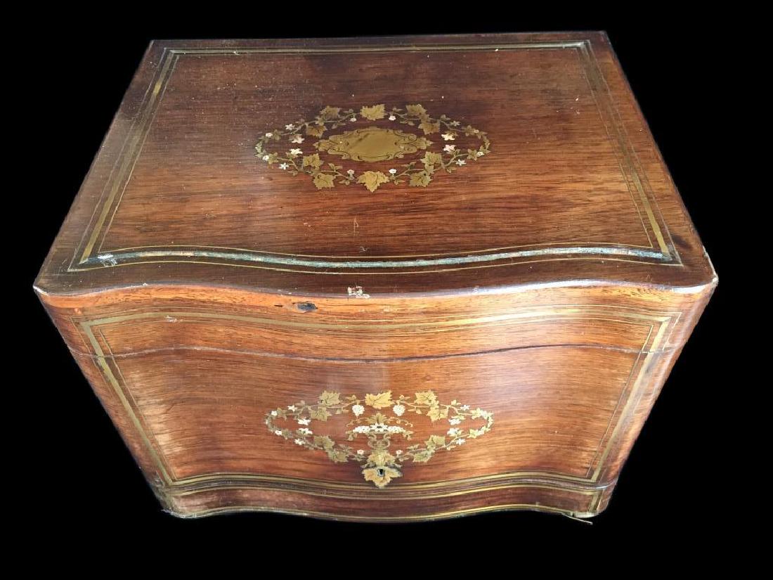 19thc Rosewood Mother Of Pearl Inlaid Tantalus: 19th Century French rosewood & brass boulle inlaid tantalus, with beautiful mother or pearl inlaid grapes & vines motif on the top & locking front of the case. Hinged lid & sides open