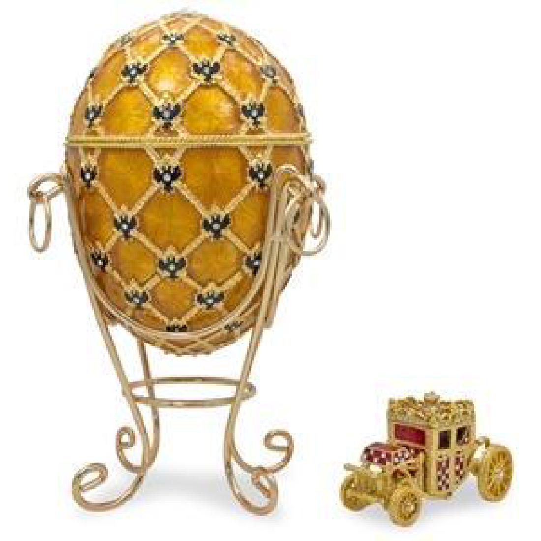 1897 Coronation Faberge Egg 7": 1897 Coronation Faberge Egg The egg is made from metal with translucent lime yellow enamel on a guilloche field of starbursts and is about the cloth-of-gold robe worn by the Tsarina at her Coronation.