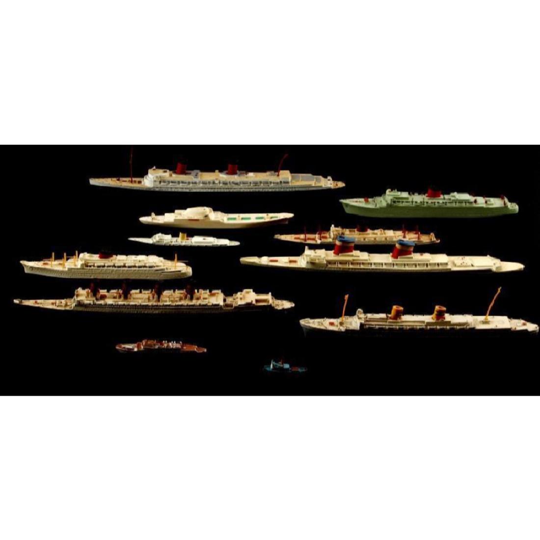 Collection of Vintage Triang Model Ships: Lot of 11 c.1950's Triang model ships. 3" - 10" L in size, including; Hamburg, Royal Yacht Britannia, Flandre, N.S Savannah, R.M.S. Saxonia, R.M.S. Caronia, S.S.Nieuw, Amsterdam, R.M.S. Aquatania, S.